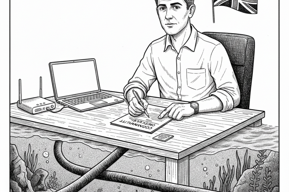 Pen-and-ink illustration of a small UK business reviewing internet resilience while a subsea cable is shown below, with a small tucked-away Union Jack as the only coloured element