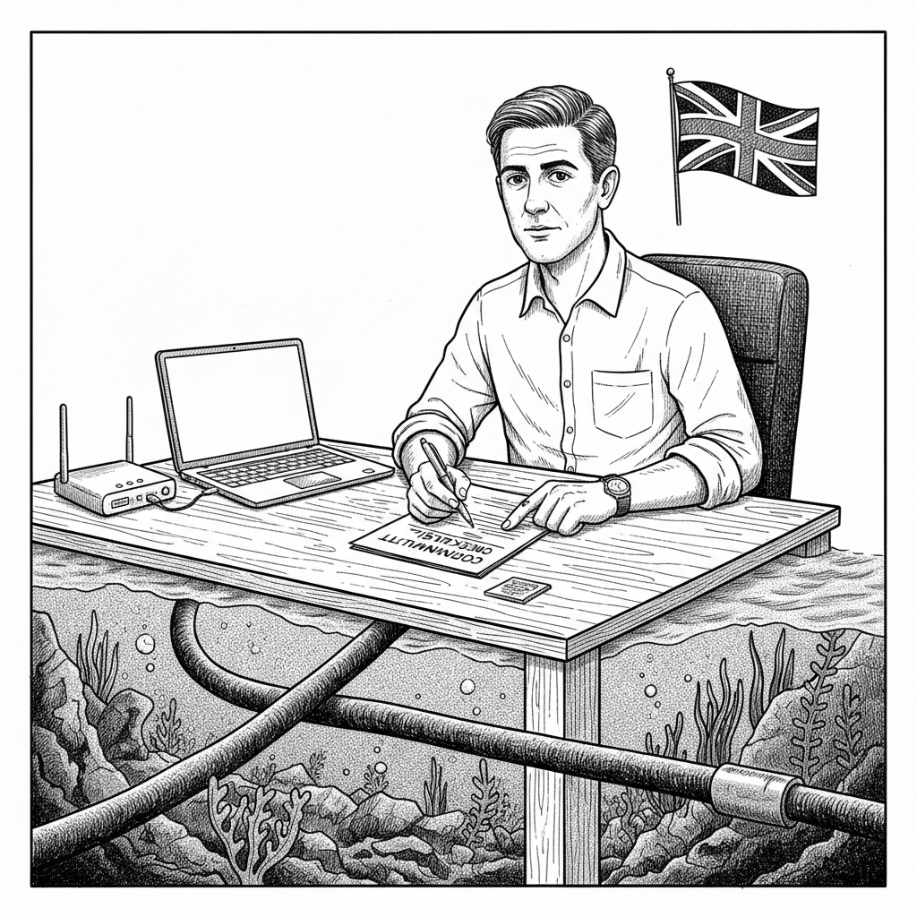 Pen-and-ink illustration of a small UK business reviewing internet resilience while a subsea cable is shown below, with a small tucked-away Union Jack as the only coloured element