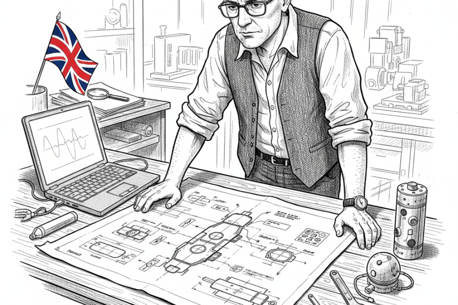 Pen-and-ink illustration of a small UK engineering firm reviewing underwater technology plans, with a small tucked-away Union Jack as the only coloured element