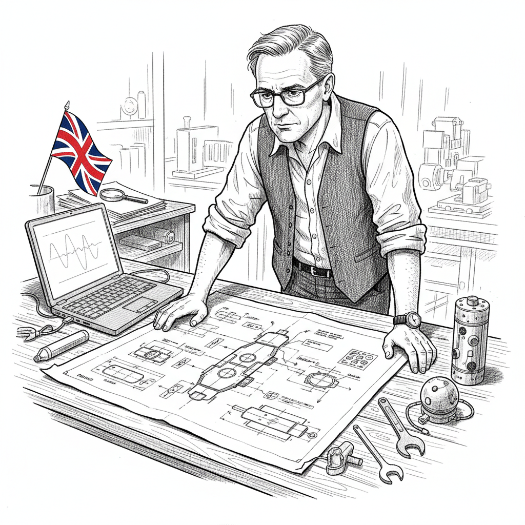 Pen-and-ink illustration of a small UK engineering firm reviewing underwater technology plans, with a small tucked-away Union Jack as the only coloured element