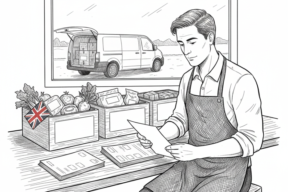 Pen-and-ink illustration of a UK small food business owner reviewing import and export paperwork, with a small tucked-away Union Jack as the only coloured element