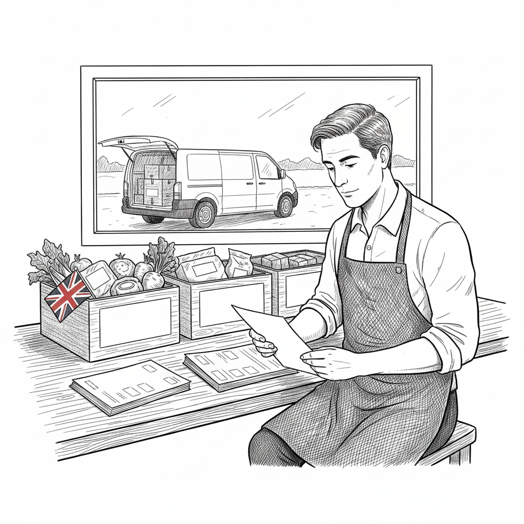 Pen-and-ink illustration of a UK small food business owner reviewing import and export paperwork, with a small tucked-away Union Jack as the only coloured element