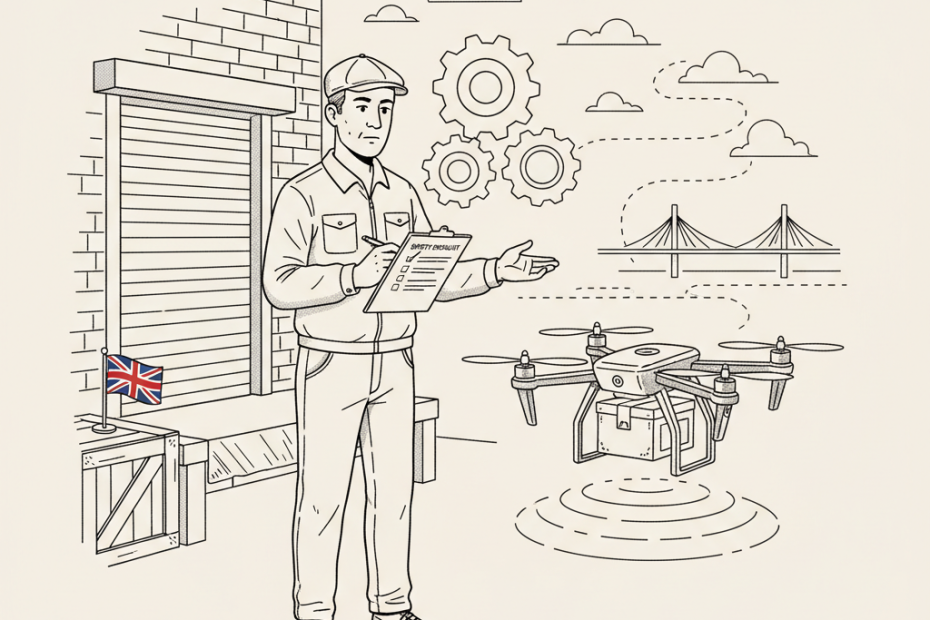 Pen-and-ink illustration of a small UK business owner inspecting a delivery drone and safety checklist, with a small tucked-away Union Jack as the only coloured element