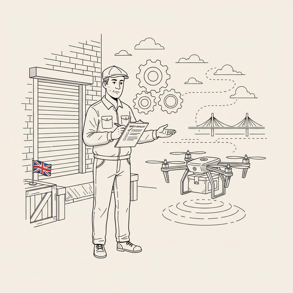 Pen-and-ink illustration of a small UK business owner inspecting a delivery drone and safety checklist, with a small tucked-away Union Jack as the only coloured element
