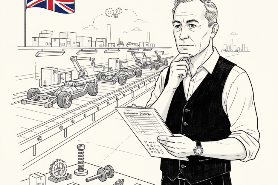 Pen-and-ink illustration of a small UK manufacturing supplier reviewing a production schedule beside a factory line, with a small tucked-away Union Jack as the only coloured element