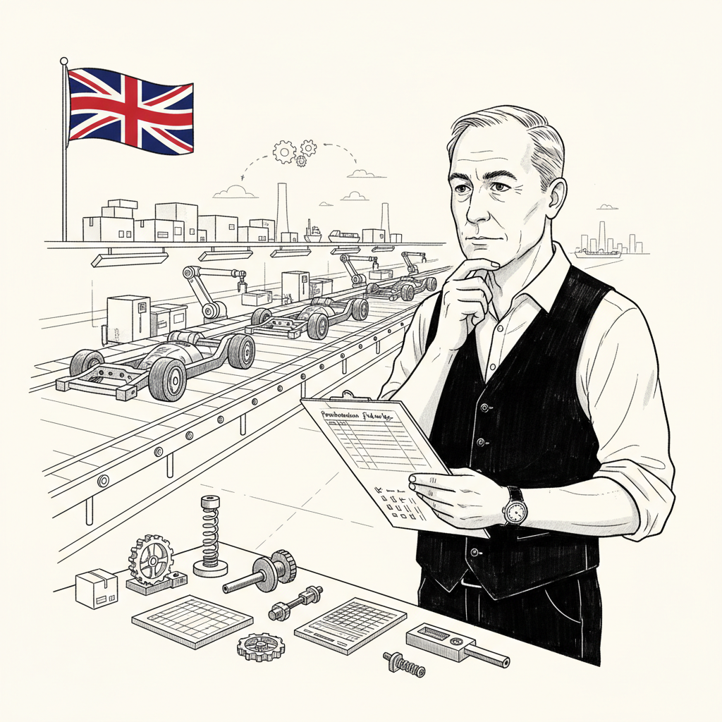 Pen-and-ink illustration of a small UK manufacturing supplier reviewing a production schedule beside a factory line, with a small tucked-away Union Jack as the only coloured element
