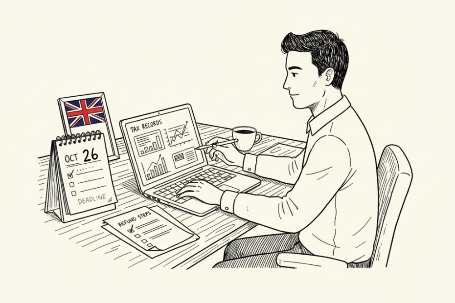 Pen-and-ink illustration of a small UK business owner checking digital tax records on a laptop, with a small tucked-away Union Jack as the only coloured element