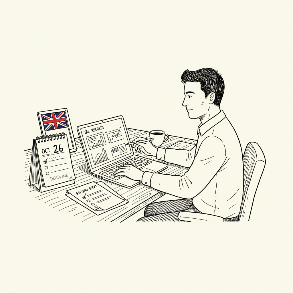 Pen-and-ink illustration of a small UK business owner checking digital tax records on a laptop, with a small tucked-away Union Jack as the only coloured element