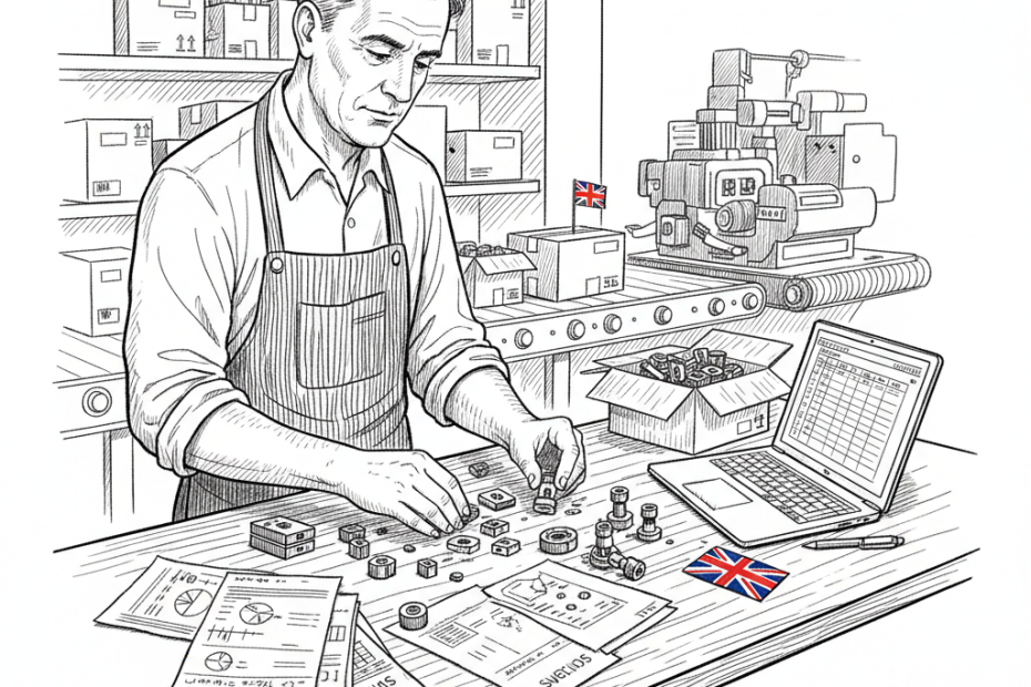 Pen-and-ink illustration of a UK small manufacturer checking imported goods and supply chain papers, with a small tucked-away Union Jack as the only coloured element