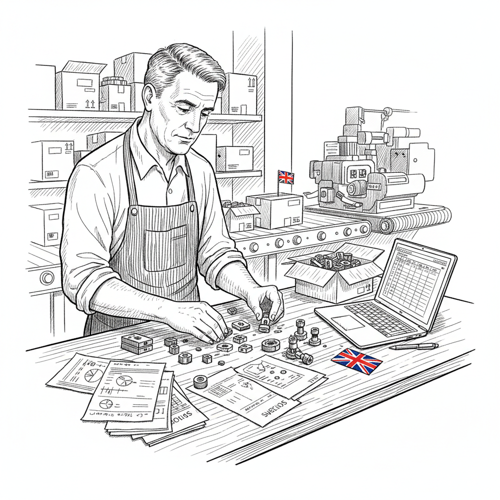 Pen-and-ink illustration of a UK small manufacturer checking imported goods and supply chain papers, with a small tucked-away Union Jack as the only coloured element