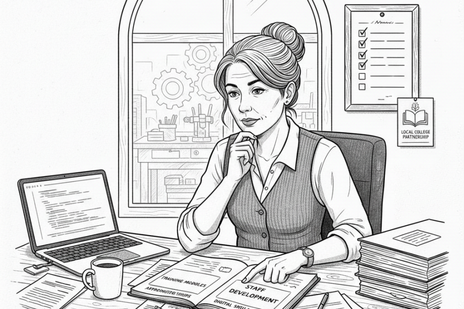 Pen-and-ink illustration of a small English business owner planning staff training with a small tucked-away St George's flag as the only coloured element