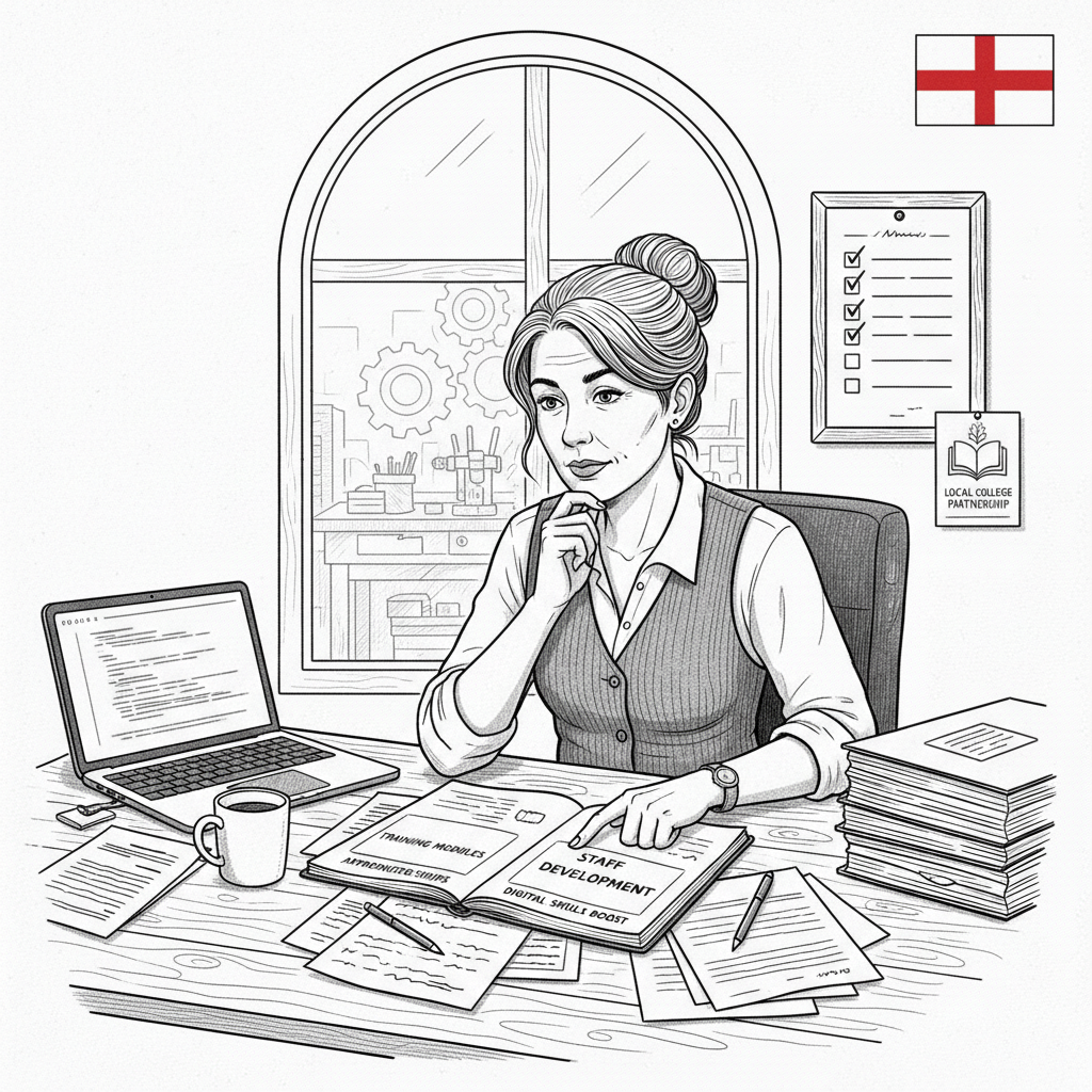 Pen-and-ink illustration of a small English business owner planning staff training with a small tucked-away St George's flag as the only coloured element
