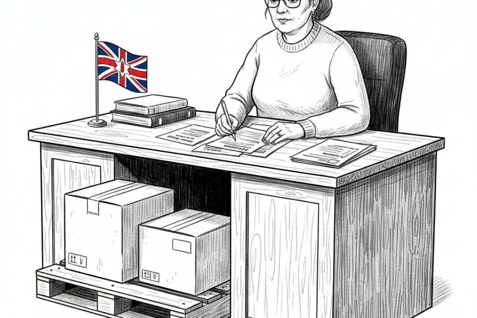 Pen-and-ink illustration of a small Northern Ireland business owner checking import paperwork beside stacked goods, with a small tucked-away Ulster Banner-style Northern Ireland flag as the only coloured element