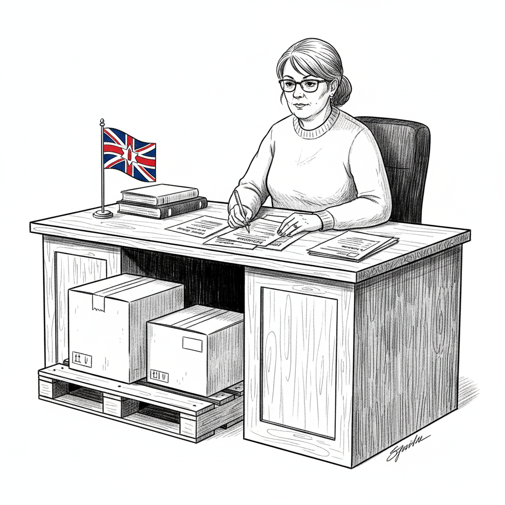 Pen-and-ink illustration of a small Northern Ireland business owner checking import paperwork beside stacked goods, with a small tucked-away Ulster Banner-style Northern Ireland flag as the only coloured element