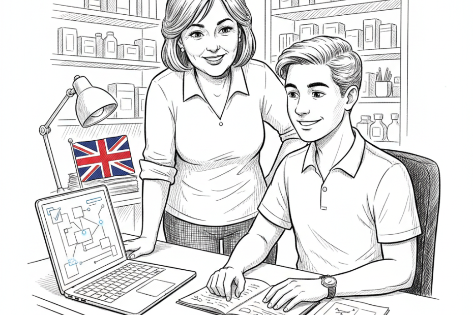 Pen-and-ink illustration of a UK small business owner training a young employee at a laptop, with a small tucked-away Union Jack as the only coloured element