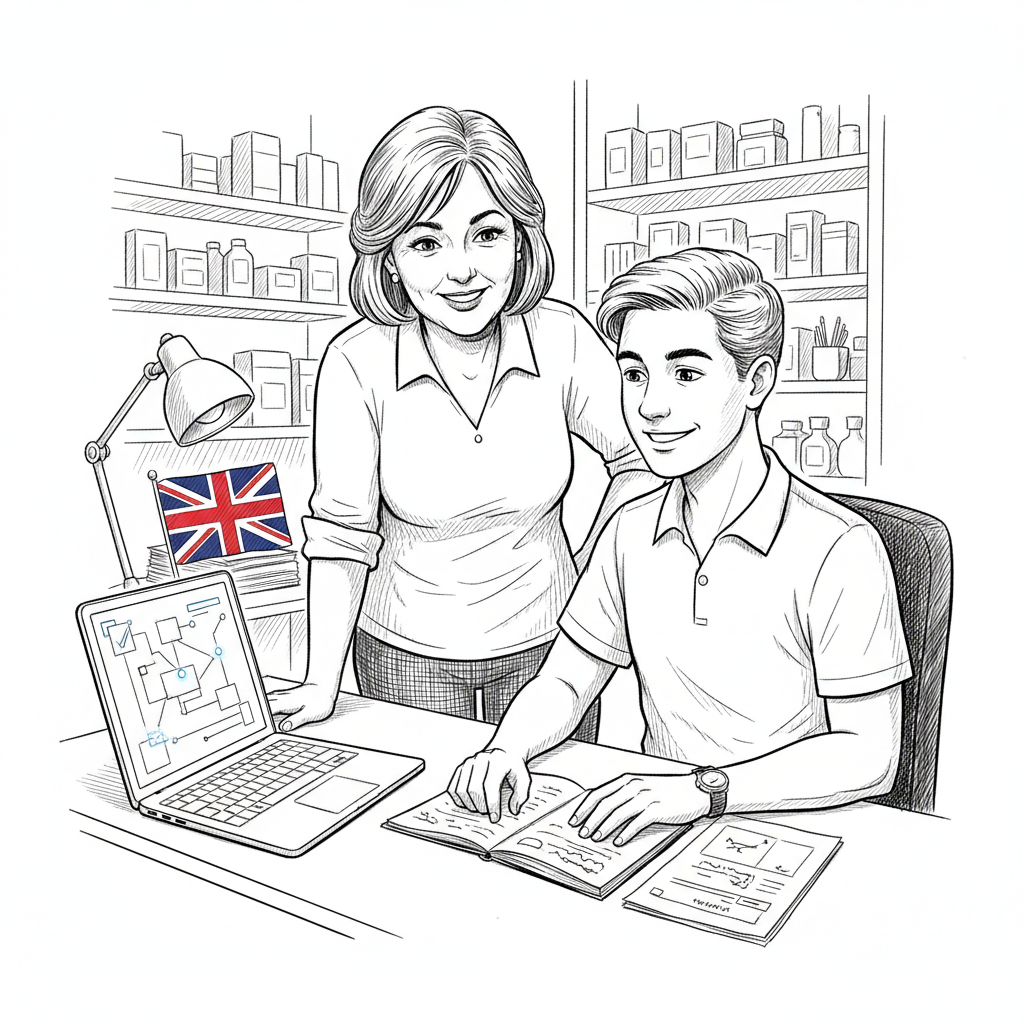 Pen-and-ink illustration of a UK small business owner training a young employee at a laptop, with a small tucked-away Union Jack as the only coloured element