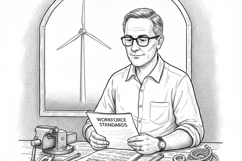 Pen-and-ink illustration of a UK small engineering supplier reviewing offshore wind workforce paperwork, with a small tucked-away Union Jack as the only coloured element