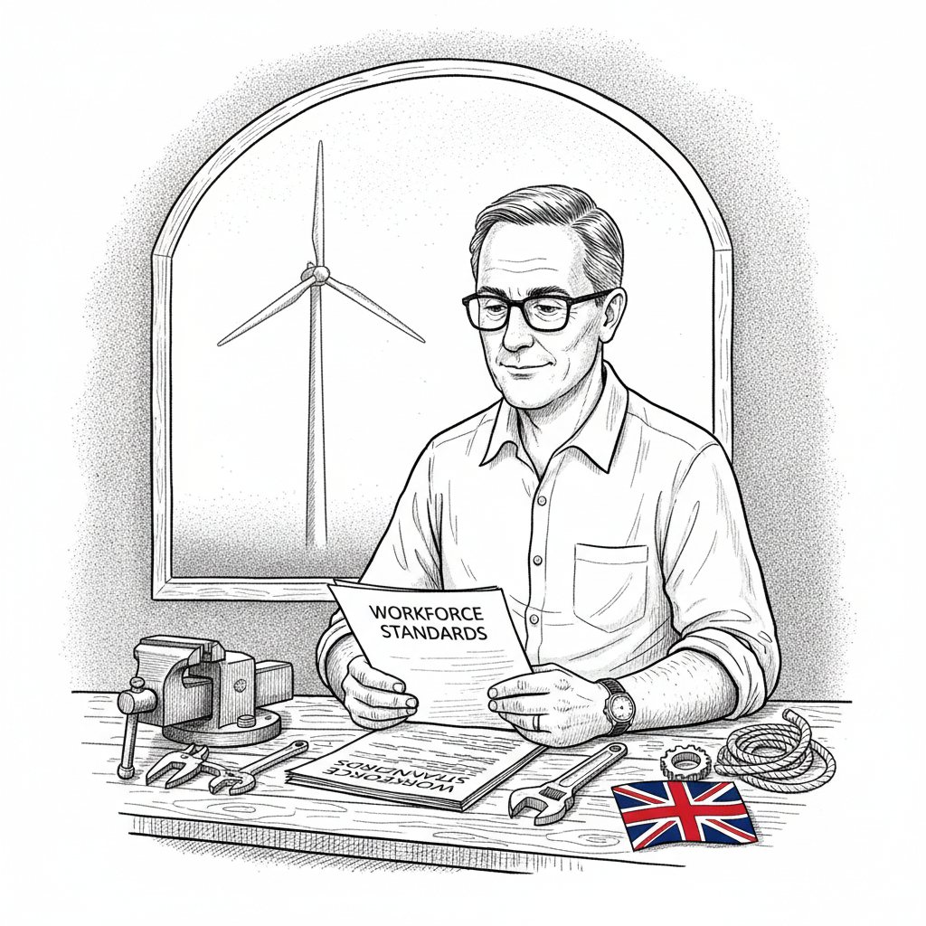 Pen-and-ink illustration of a UK small engineering supplier reviewing offshore wind workforce paperwork, with a small tucked-away Union Jack as the only coloured element