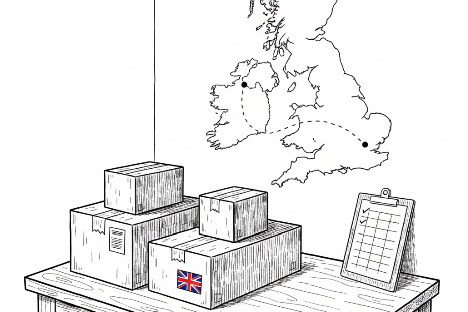 Pen-and-ink illustration of a small business packing parcels for Northern Ireland, with a small tucked-away Union Jack as the only coloured element