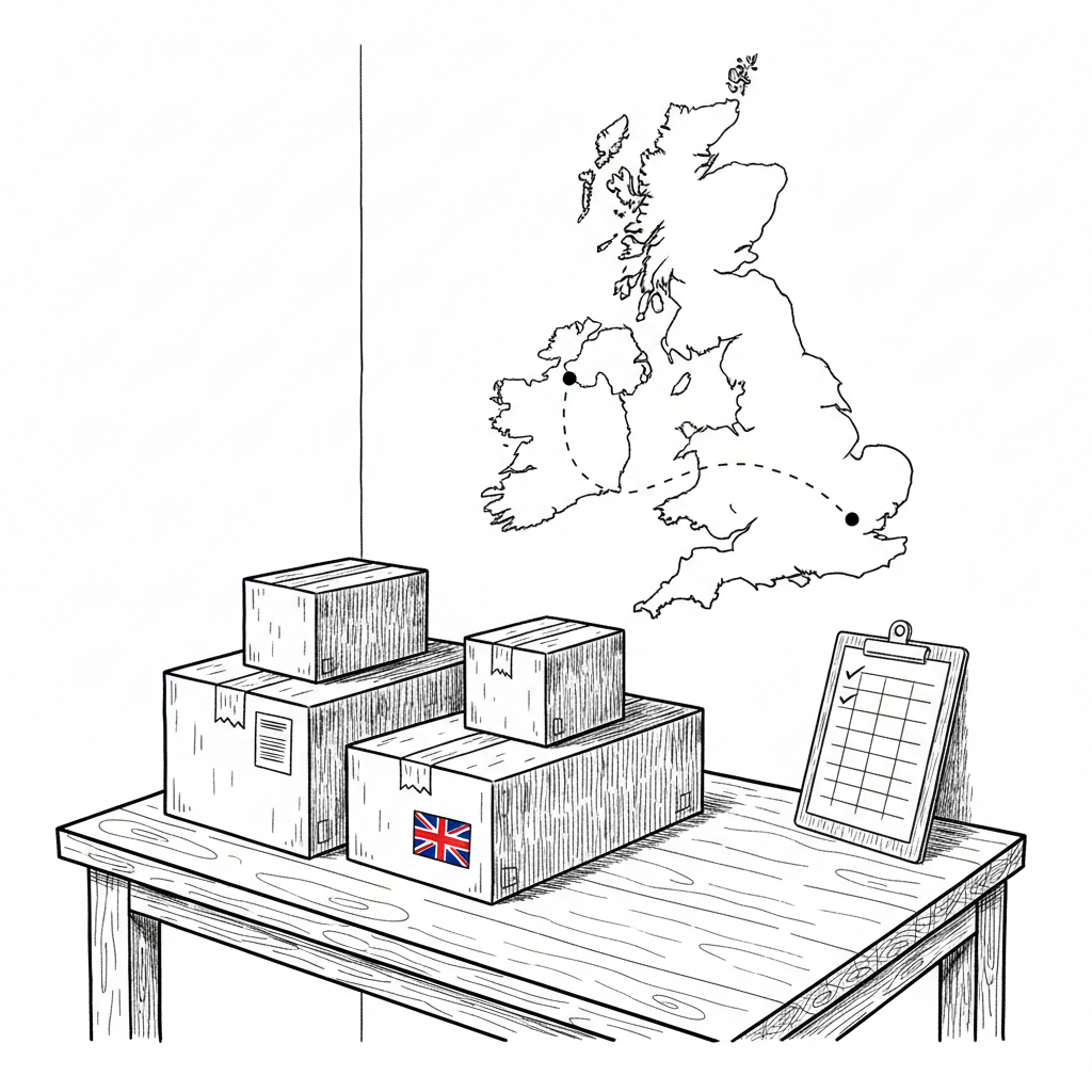 Pen-and-ink illustration of a small business packing parcels for Northern Ireland, with a small tucked-away Union Jack as the only coloured element
