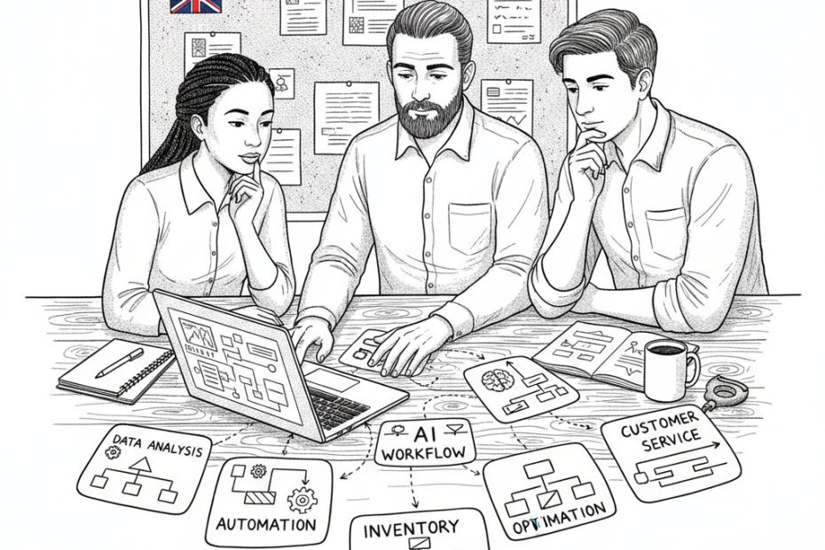 Pen-and-ink illustration of a small business team reviewing AI tools at a workbench, with a small tucked-away Union Jack as the only coloured element
