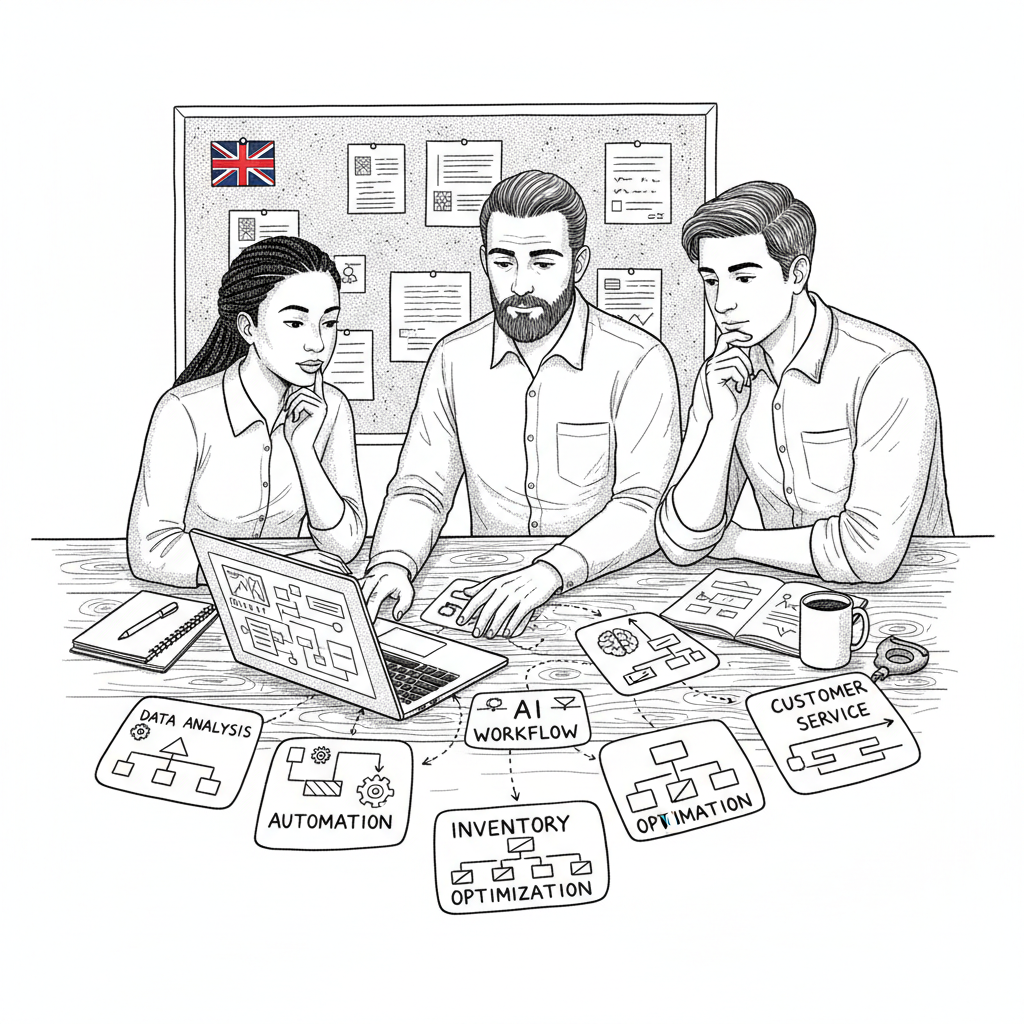 Pen-and-ink illustration of a small business team reviewing AI tools at a workbench, with a small tucked-away Union Jack as the only coloured element