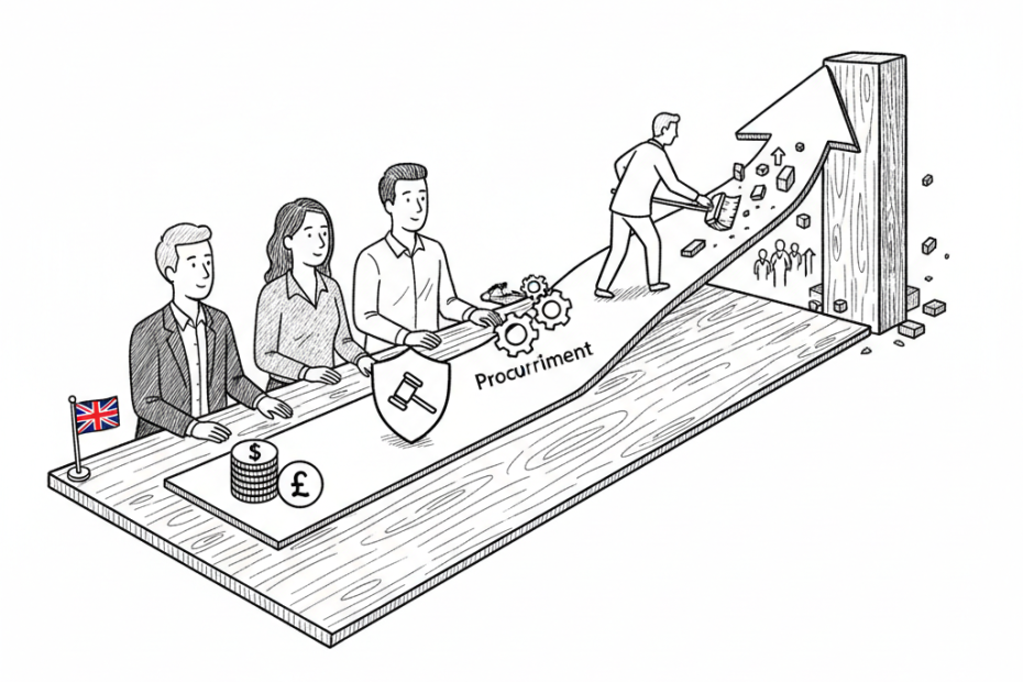 Pen-and-ink illustration of a growing UK business team removing barriers from a growth path, with a small tucked-away Union Jack as the only coloured element