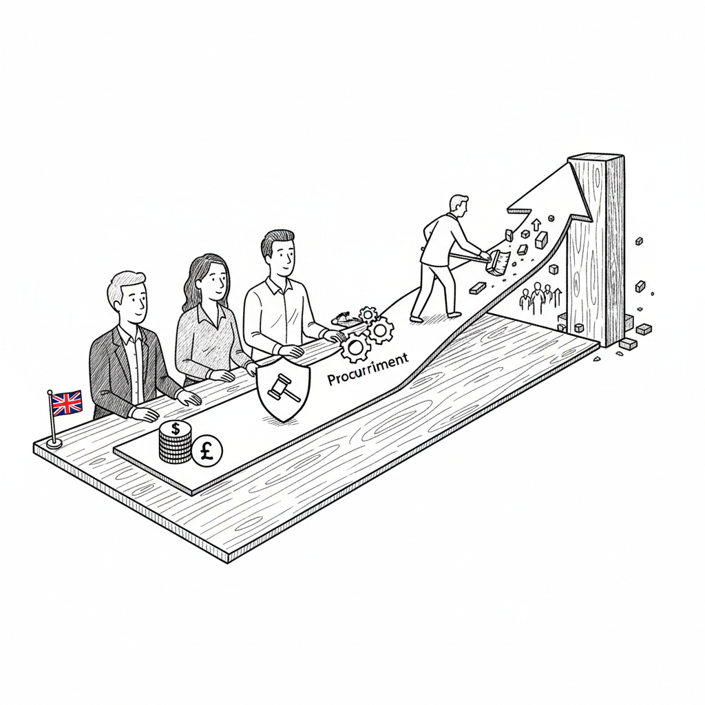 Pen-and-ink illustration of a growing UK business team removing barriers from a growth path, with a small tucked-away Union Jack as the only coloured element