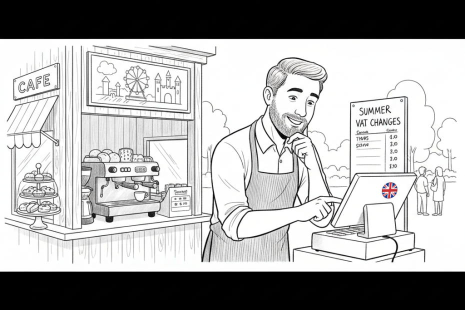Pen-and-ink illustration of a small UK cafe and family attraction ticket desk preparing summer prices, with a small tucked-away Union Jack as the only coloured element