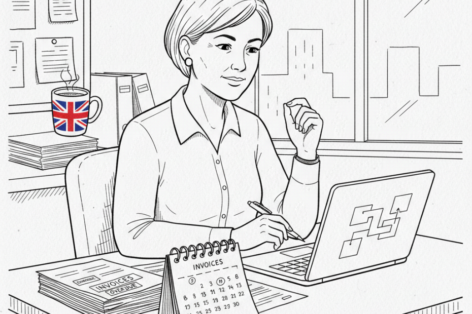 Pen-and-ink illustration of a small business owner checking overdue invoices beside a desk calendar, with a small tucked-away Union Jack as the only coloured element