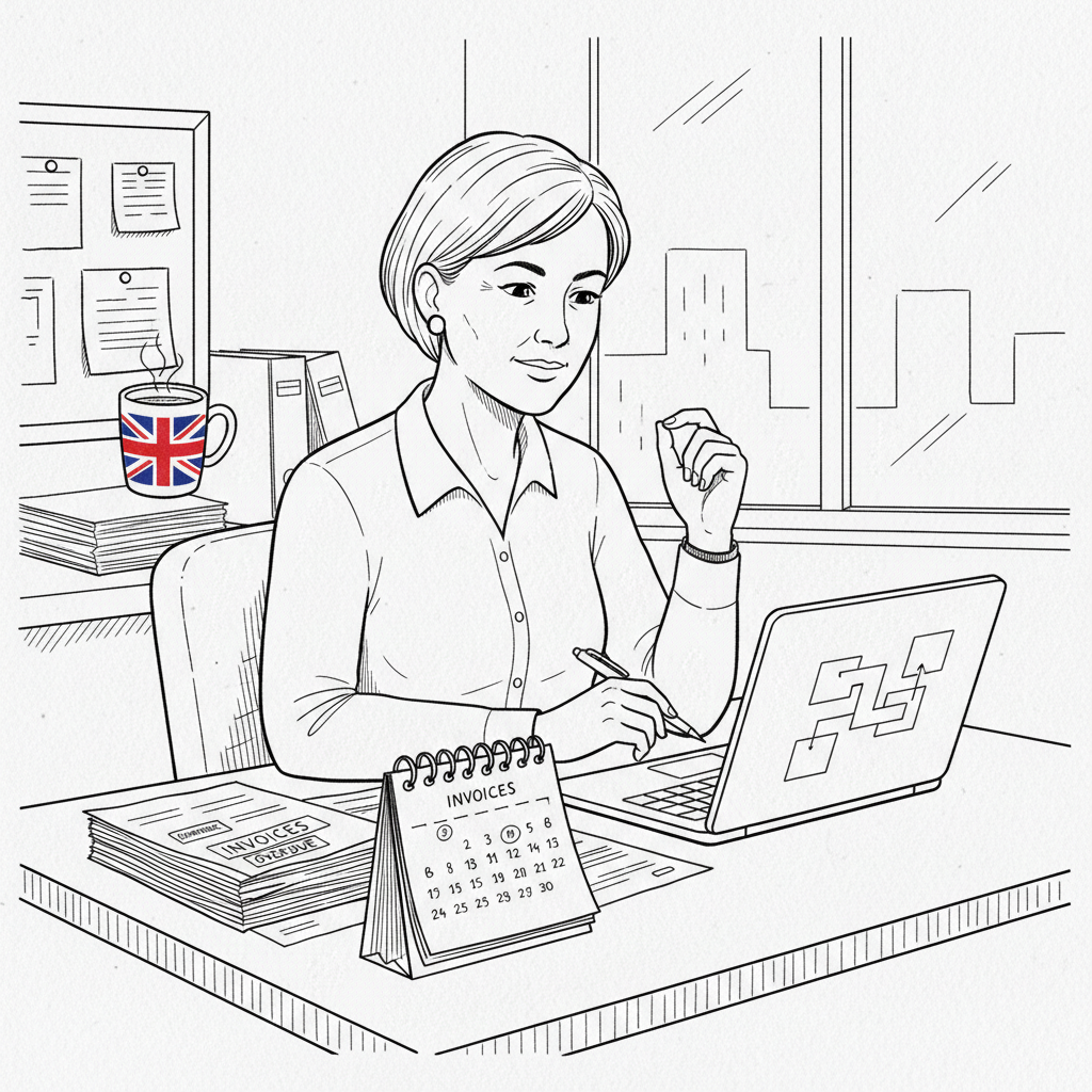 Pen-and-ink illustration of a small business owner checking overdue invoices beside a desk calendar, with a small tucked-away Union Jack as the only coloured element