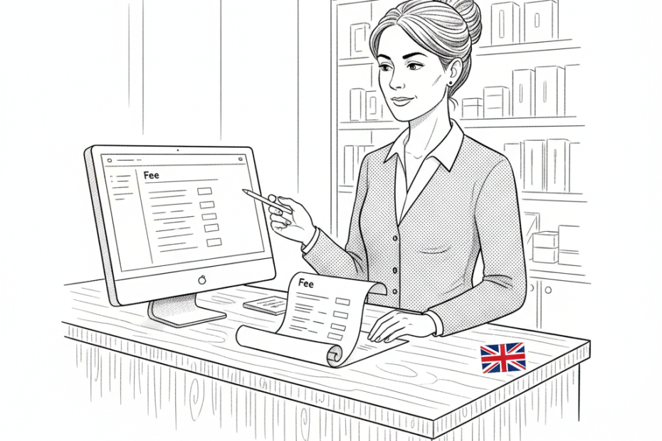 Pen-and-ink illustration of a small business owner reviewing a checkout price list, with a small tucked-away Union Jack as the only coloured element