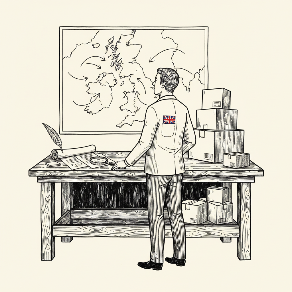 Pen-and-ink illustration of a small UK exporter reviewing regional trade charts beside boxed goods, with a small tucked-away Union Jack as the only coloured element