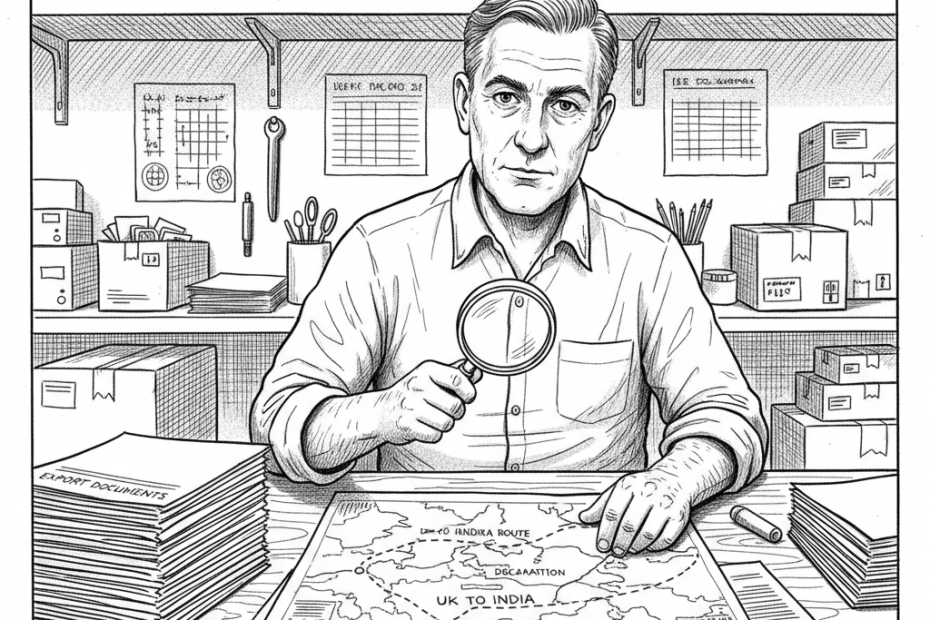 Pen-and-ink illustration of a UK small business owner reviewing export paperwork and shipping routes to India with a small tucked-away Union Jack as the only coloured element