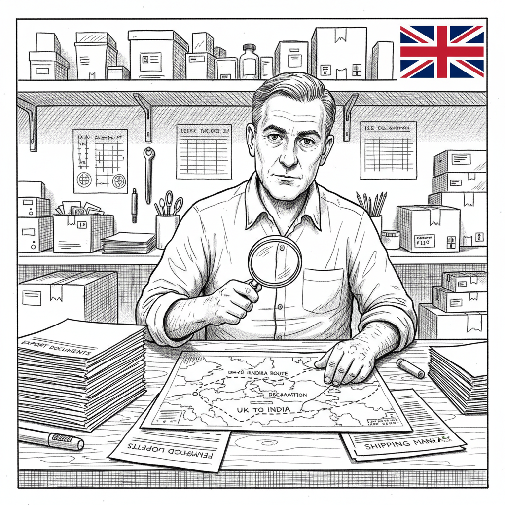 Pen-and-ink illustration of a UK small business owner reviewing export paperwork and shipping routes to India with a small tucked-away Union Jack as the only coloured element