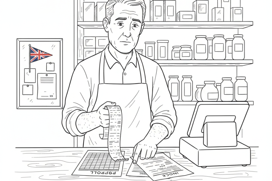 Pen-and-ink illustration of a small high street shopkeeper checking till records and supplier invoices, with a small tucked-away Union Jack as the only coloured element