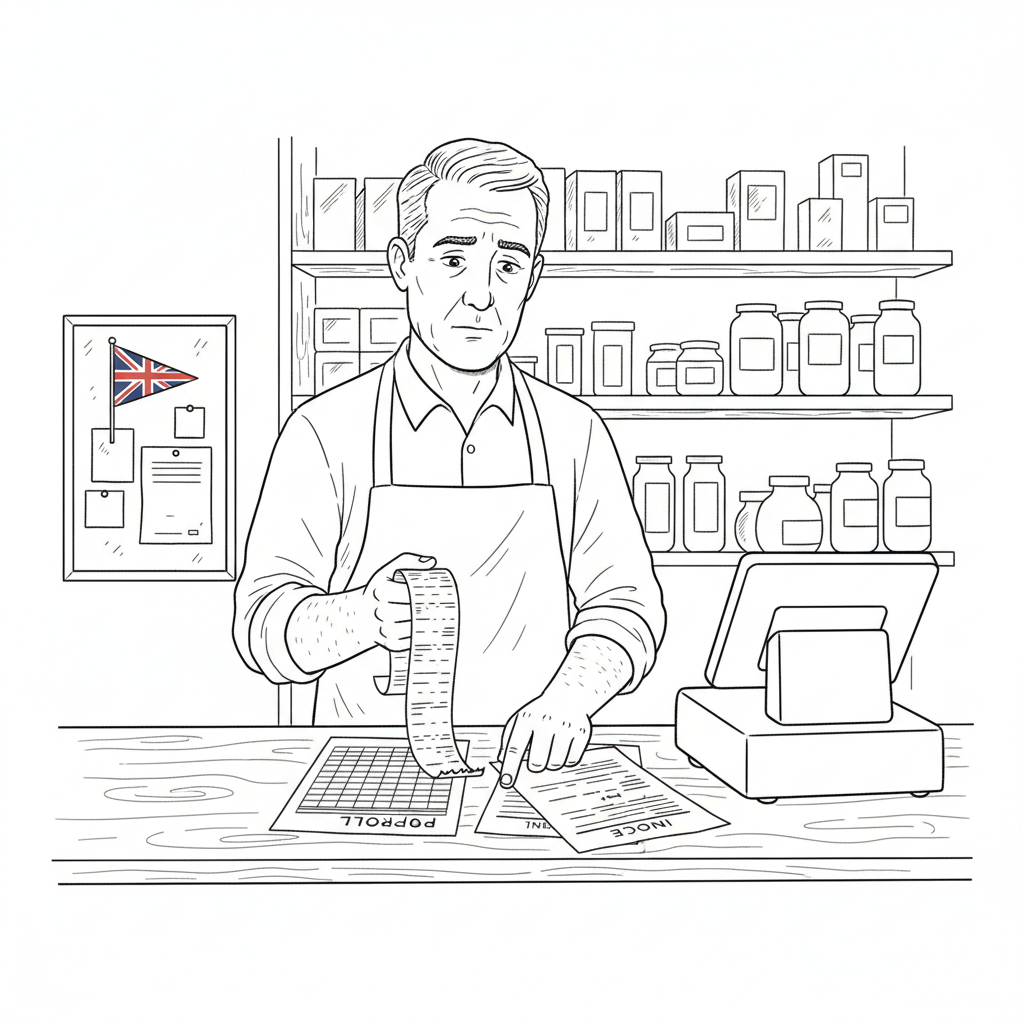 Pen-and-ink illustration of a small high street shopkeeper checking till records and supplier invoices, with a small tucked-away Union Jack as the only coloured element