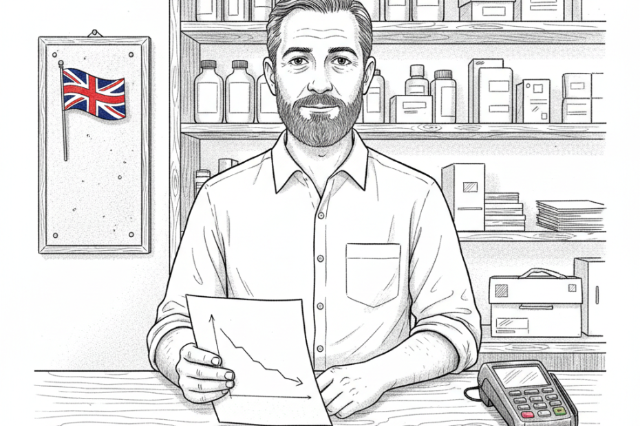 Pen-and-ink illustration of a small shop owner reviewing a simple sales chart, with a small tucked-away Union Jack as the only coloured element