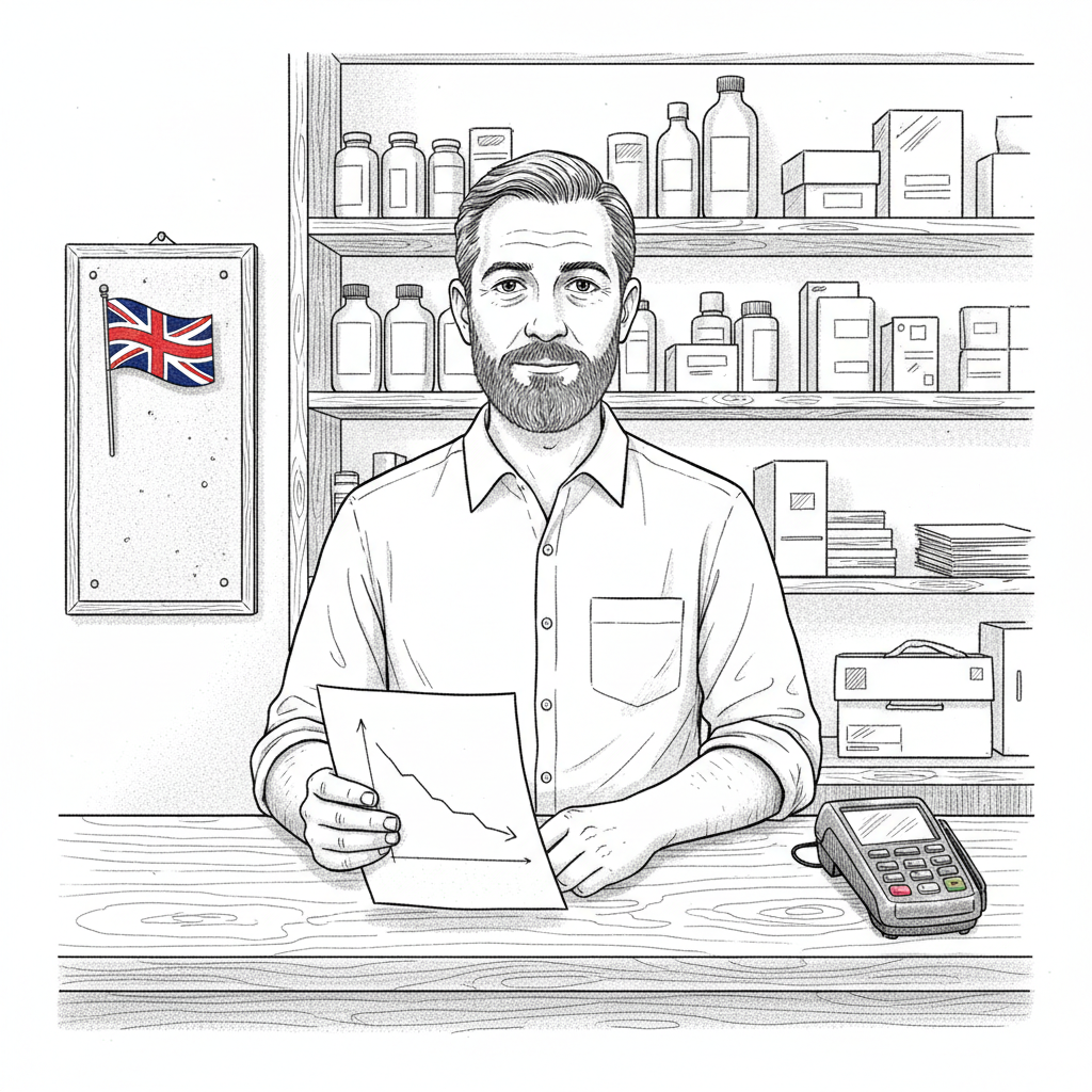 Pen-and-ink illustration of a small shop owner reviewing a simple sales chart, with a small tucked-away Union Jack as the only coloured element