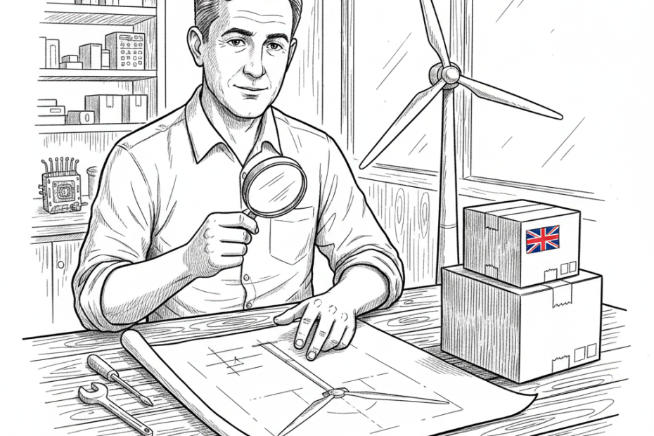 Pen-and-ink illustration of a small business owner looking at supply chain boxes and a wind turbine plan, with a small tucked-away Union Jack as the only coloured element