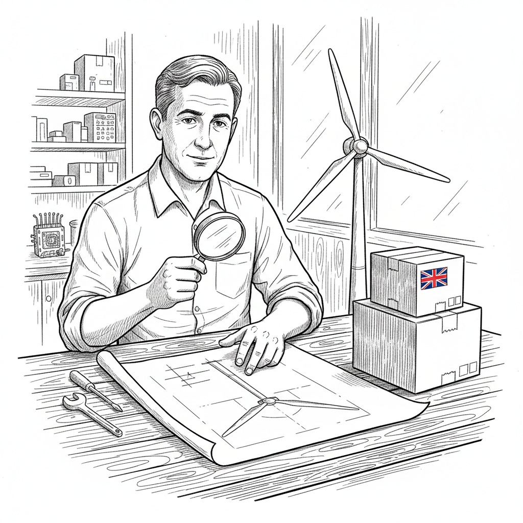 Pen-and-ink illustration of a small business owner looking at supply chain boxes and a wind turbine plan, with a small tucked-away Union Jack as the only coloured element