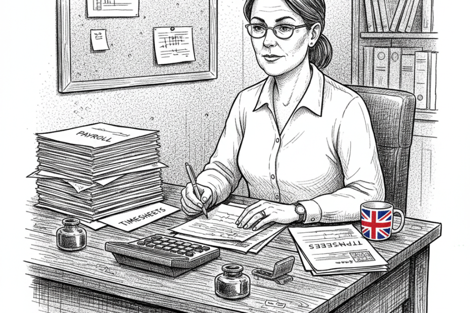 Pen-and-ink illustration of a small business owner checking payroll records at a desk, with a small tucked-away Union Jack as the only coloured element