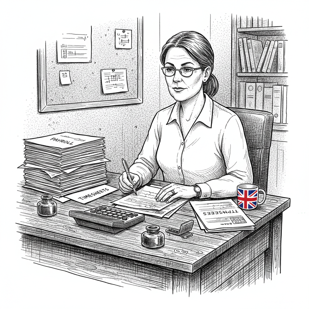 Pen-and-ink illustration of a small business owner checking payroll records at a desk, with a small tucked-away Union Jack as the only coloured element