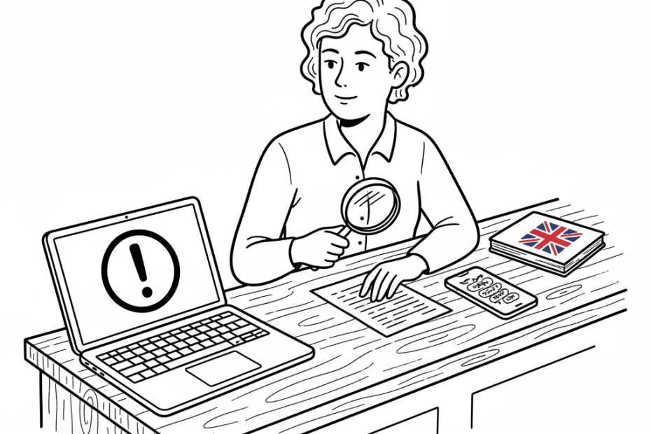 Pen-and-ink illustration of a small shop counter with a laptop showing a warning shield, with a small tucked-away Union Jack as the only coloured element