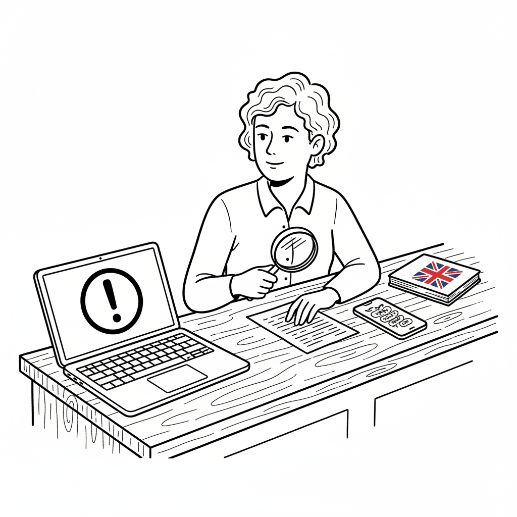 Pen-and-ink illustration of a small shop counter with a laptop showing a warning shield, with a small tucked-away Union Jack as the only coloured element