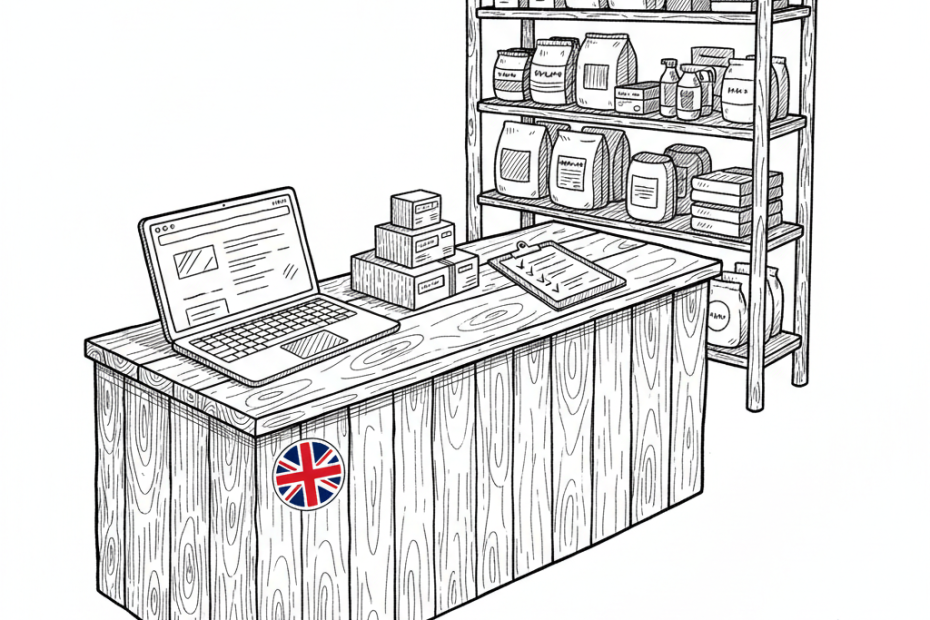 Pen-and-ink illustration of a small pet and farm supplies shop with a laptop and medicine shelf, with a small tucked-away Union Jack as the only coloured element
