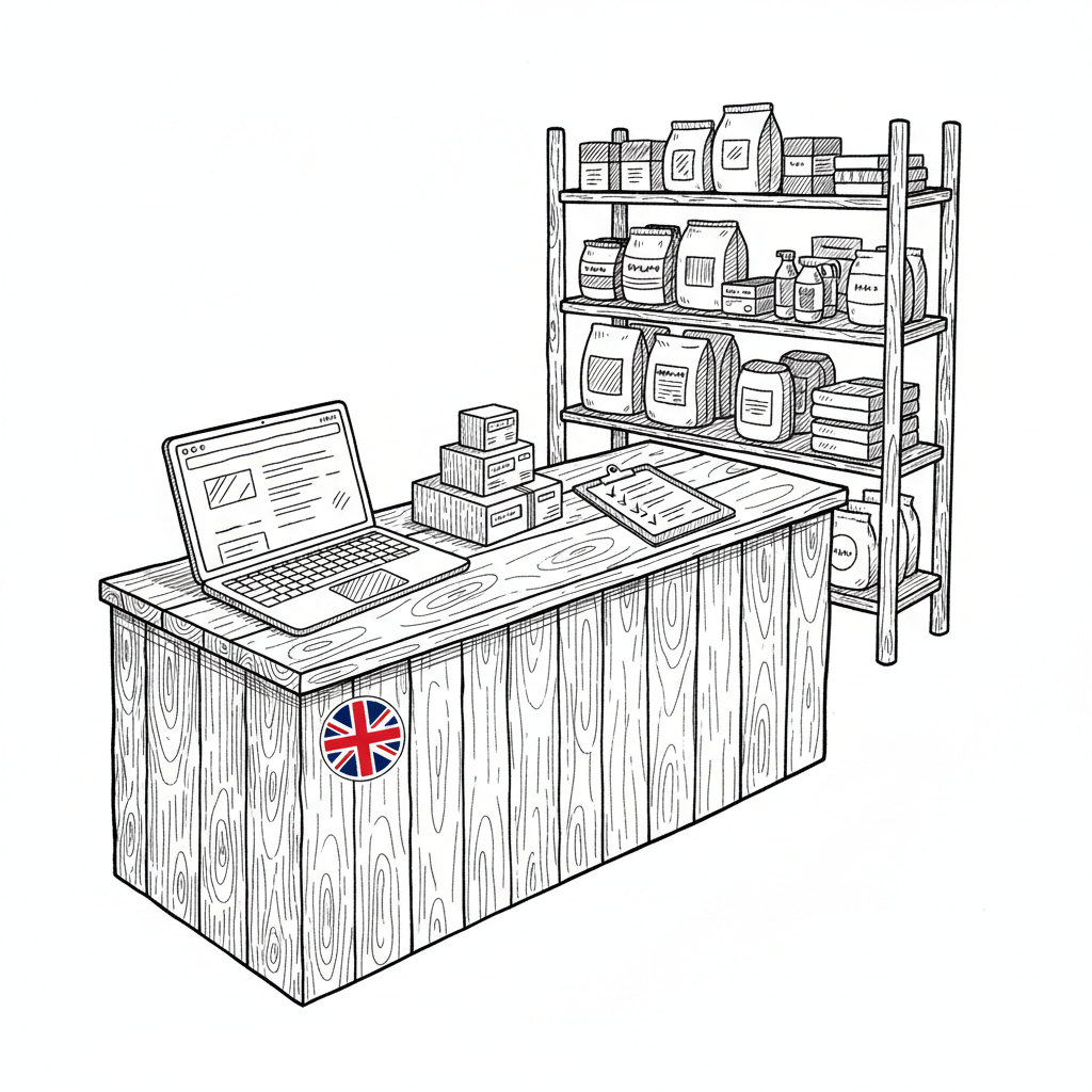 Pen-and-ink illustration of a small pet and farm supplies shop with a laptop and medicine shelf, with a small tucked-away Union Jack as the only coloured element