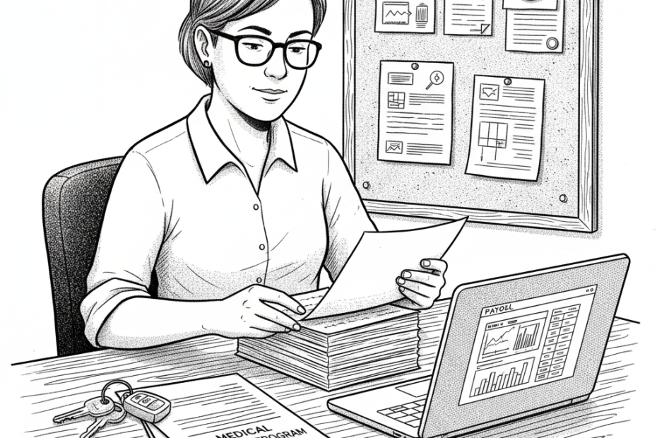Pen-and-ink illustration of a small employer reviewing payroll benefits records, with a small tucked-away Union Jack as the only coloured element