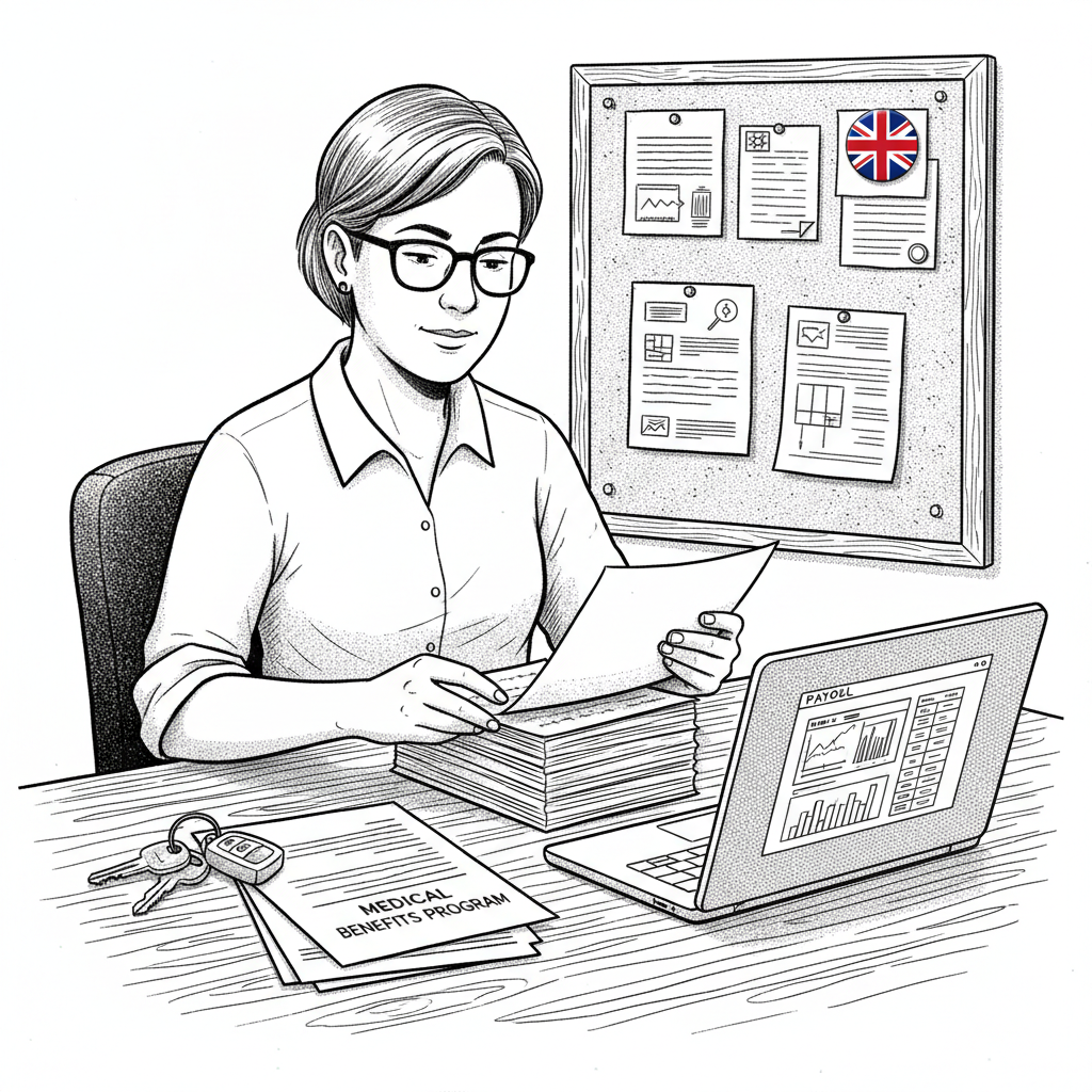 Pen-and-ink illustration of a small employer reviewing payroll benefits records, with a small tucked-away Union Jack as the only coloured element