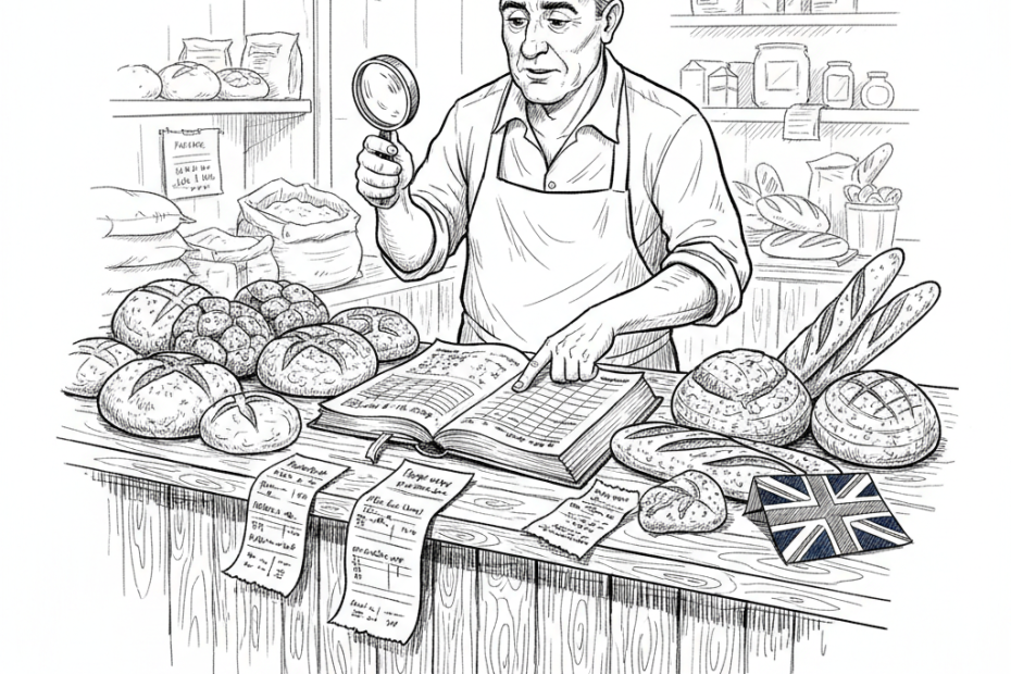 Pen-and-ink illustration of a small UK bakery counter reviewing bread supply notes, with a small tucked-away Union Jack as the only coloured element